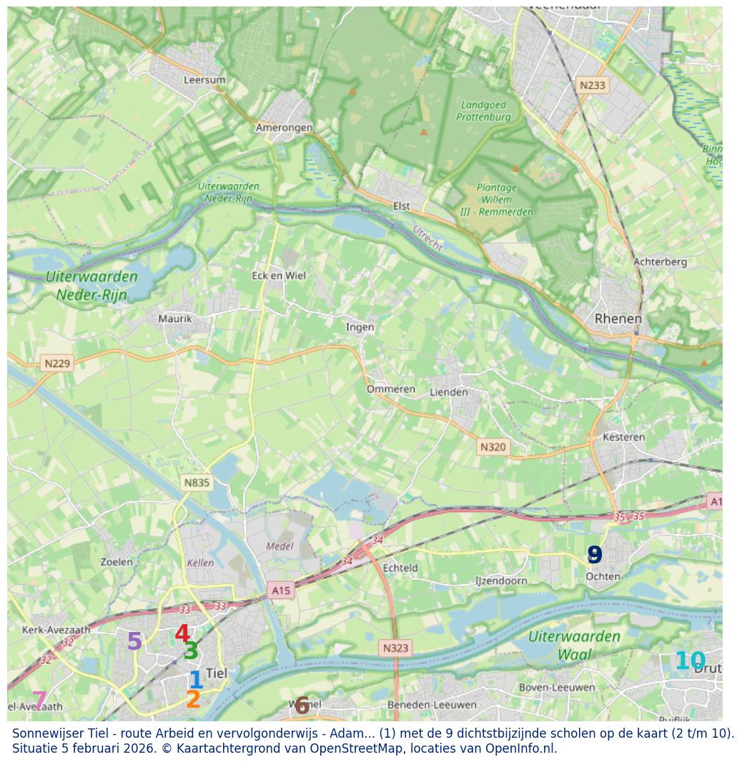 Kaart van de school met de tien dichtsbijzijnde scholen. Hierbij zijn de scholen genummerd van 1 tot en met 10. Nummer 1 is toegekend aan de schoolvestiging zelf: Sonnewijser Tiel - route Arbeid en vervolgonderwijs - Adamshof.