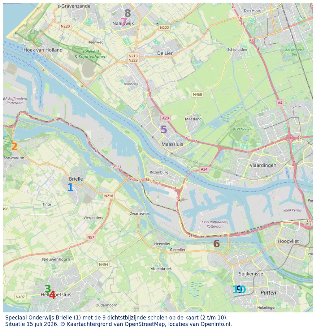 Kaart van de school met de tien dichtsbijzijnde scholen. Hierbij zijn de scholen genummerd van 1 tot en met 10. Nummer 1 is toegekend aan de schoolvestiging zelf: Speciaal Onderwijs Brielle.