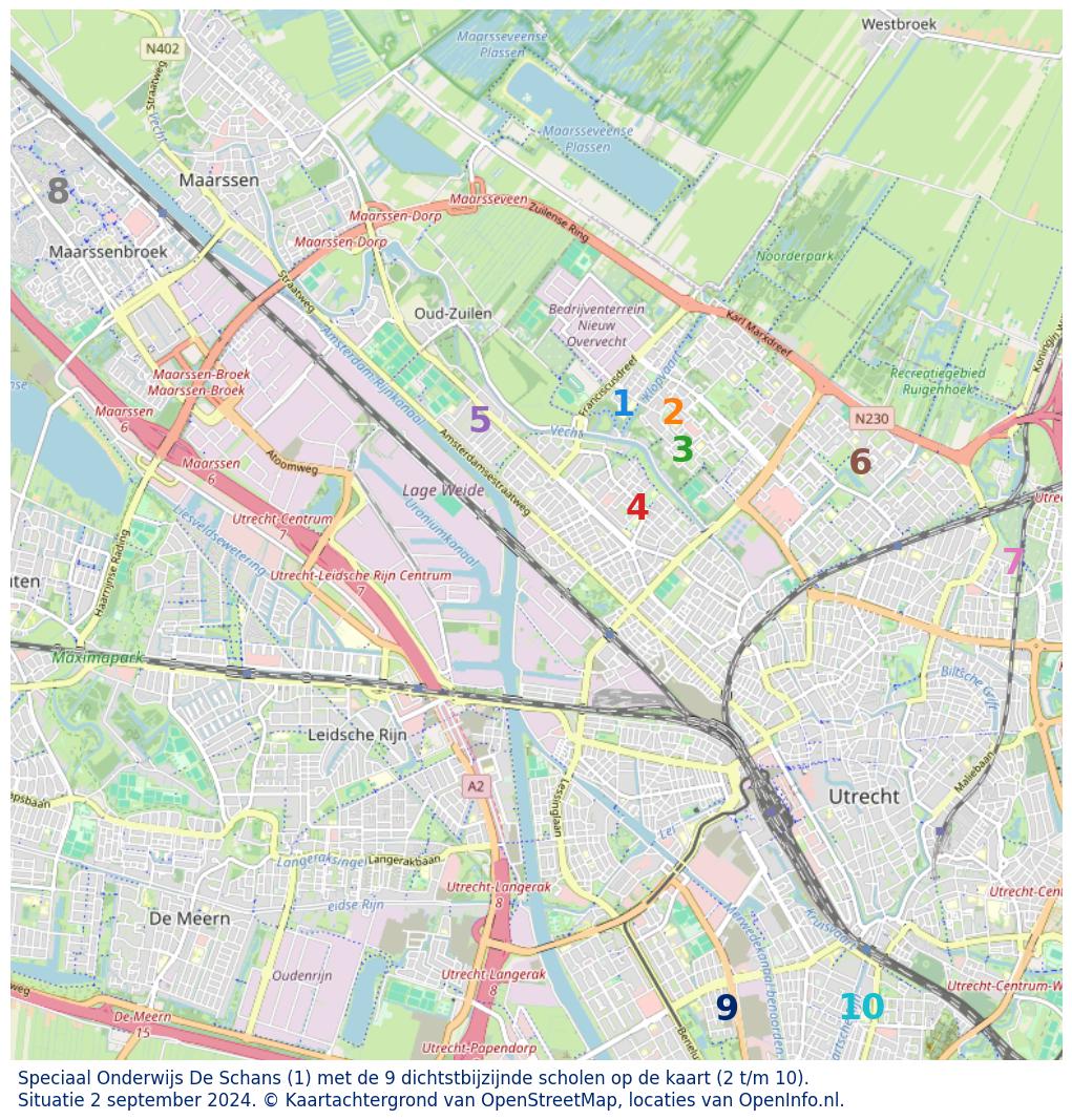 Kaart van de school met de tien dichtsbijzijnde scholen. Hierbij zijn de scholen genummerd van 1 tot en met 10. Nummer 1 is toegekend aan de schoolvestiging zelf: Speciaal Onderwijs De Schans.