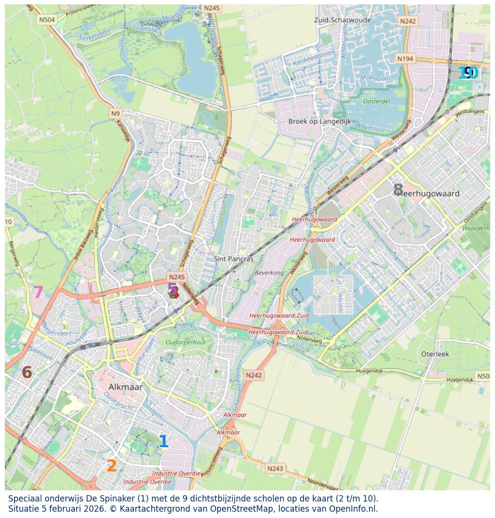 Kaart van de school met de tien dichtsbijzijnde scholen. Hierbij zijn de scholen genummerd van 1 tot en met 10. Nummer 1 is toegekend aan de schoolvestiging zelf: Speciaal onderwijs De Spinaker.