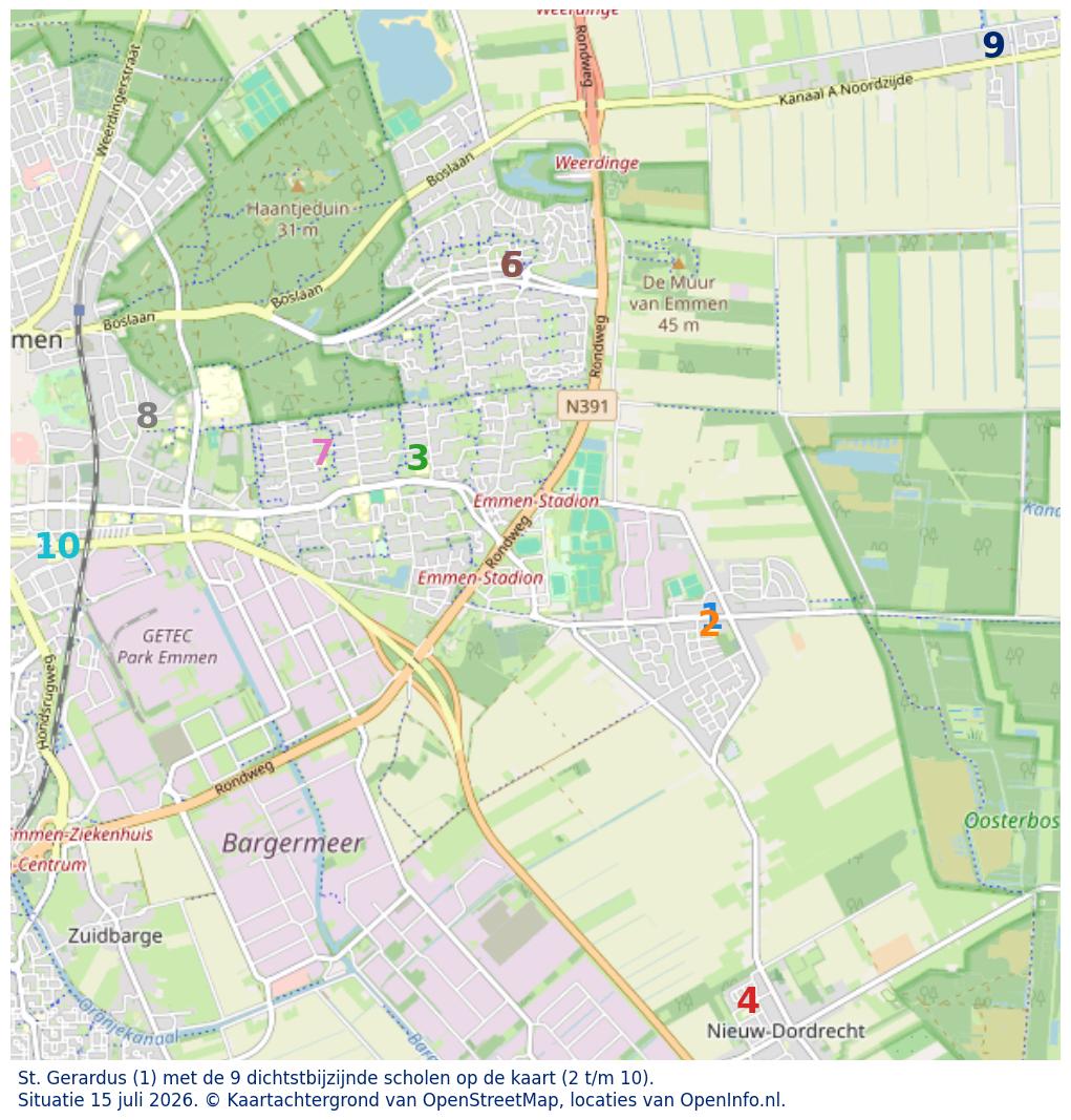 Kaart van de school met de tien dichtsbijzijnde scholen. Hierbij zijn de scholen genummerd van 1 tot en met 10. Nummer 1 is toegekend aan de schoolvestiging zelf: St. Gerardus.