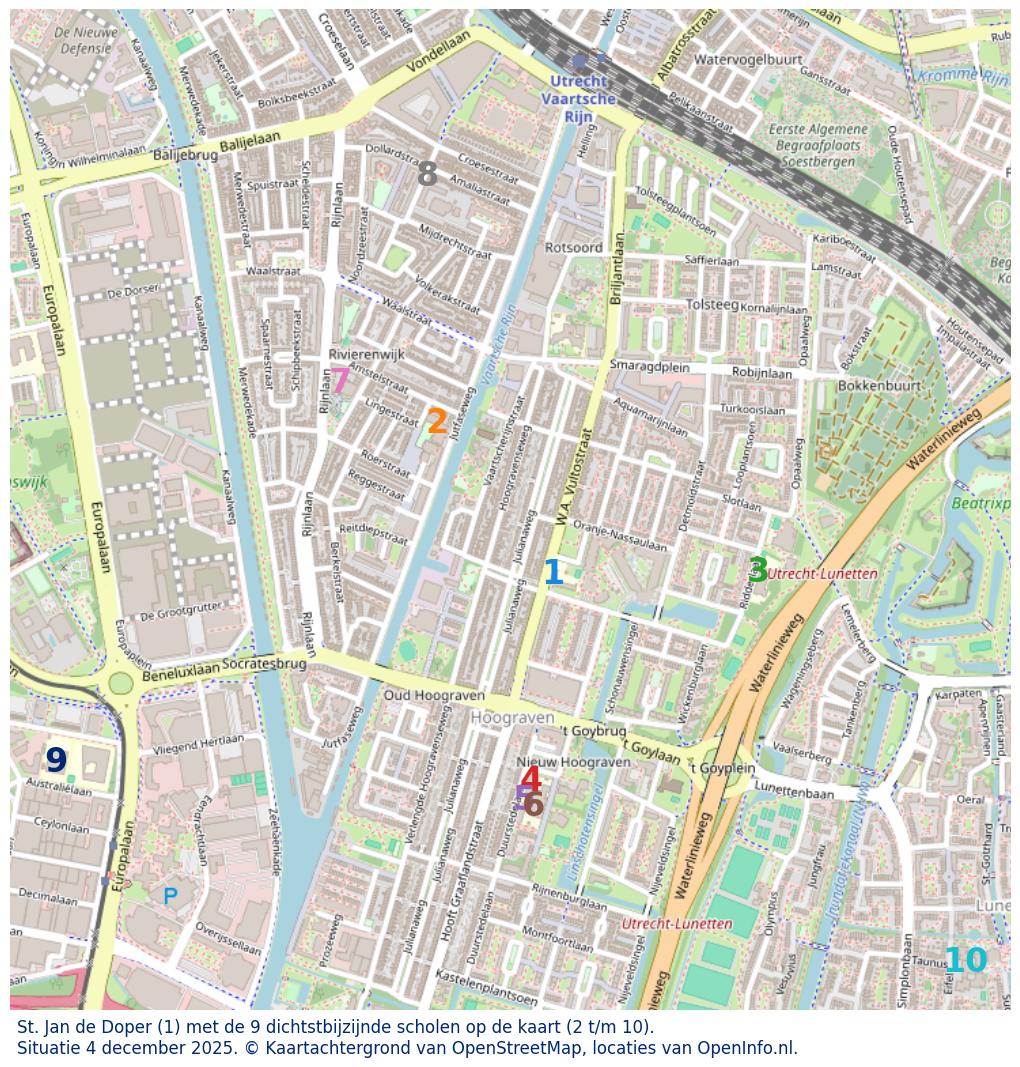 Kaart van de school met de tien dichtsbijzijnde scholen. Hierbij zijn de scholen genummerd van 1 tot en met 10. Nummer 1 is toegekend aan de schoolvestiging zelf: St. Jan de Doper.