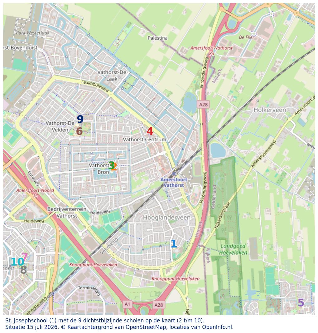 Kaart van de school met de tien dichtsbijzijnde scholen. Hierbij zijn de scholen genummerd van 1 tot en met 10. Nummer 1 is toegekend aan de schoolvestiging zelf: St. Josephschool.
