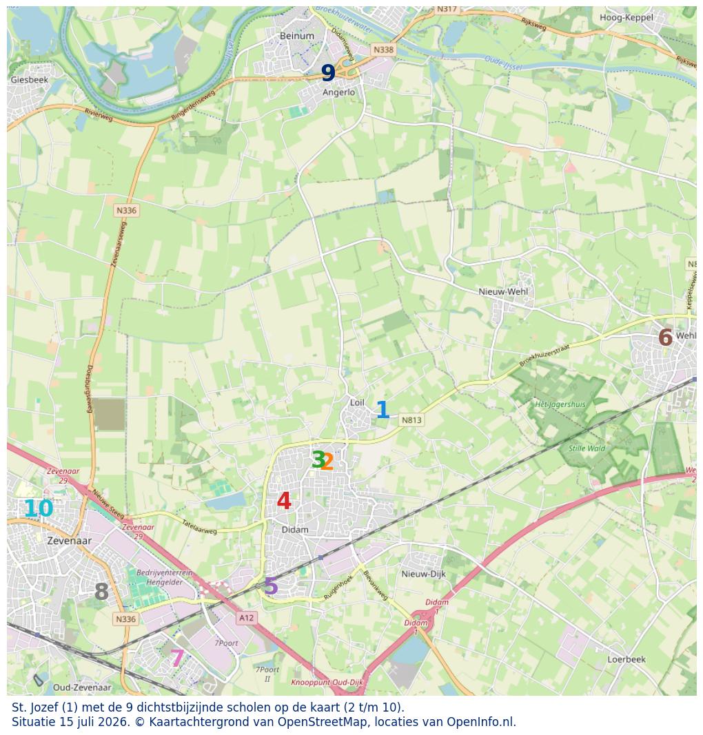 Kaart van de school met de tien dichtsbijzijnde scholen. Hierbij zijn de scholen genummerd van 1 tot en met 10. Nummer 1 is toegekend aan de schoolvestiging zelf: St. Jozef.