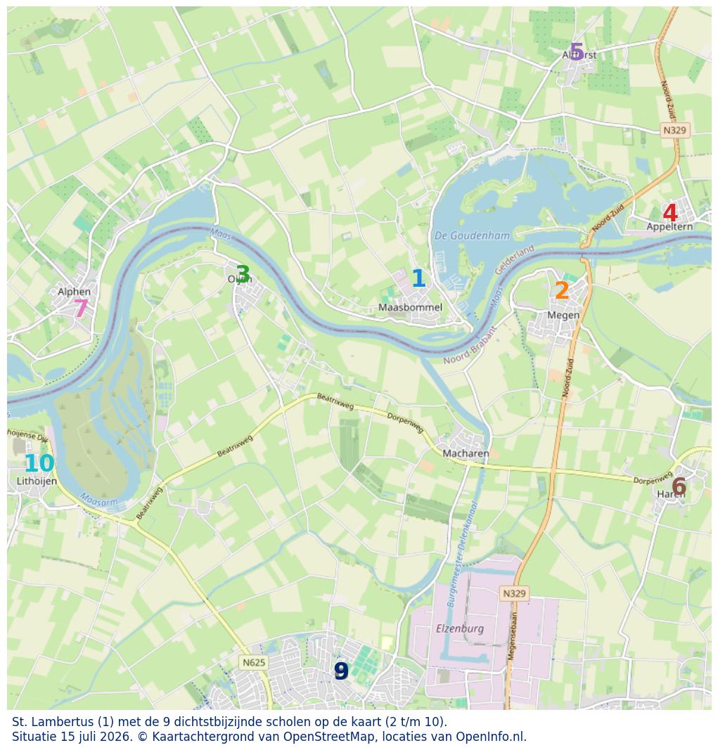 Kaart van de school met de tien dichtsbijzijnde scholen. Hierbij zijn de scholen genummerd van 1 tot en met 10. Nummer 1 is toegekend aan de schoolvestiging zelf: St. Lambertus.