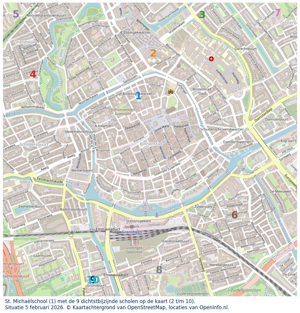 Kaart van de school met de tien dichtsbijzijnde scholen. Hierbij zijn de scholen genummerd van 1 tot en met 10. Nummer 1 is toegekend aan de schoolvestiging zelf: St. Michaëlschool.