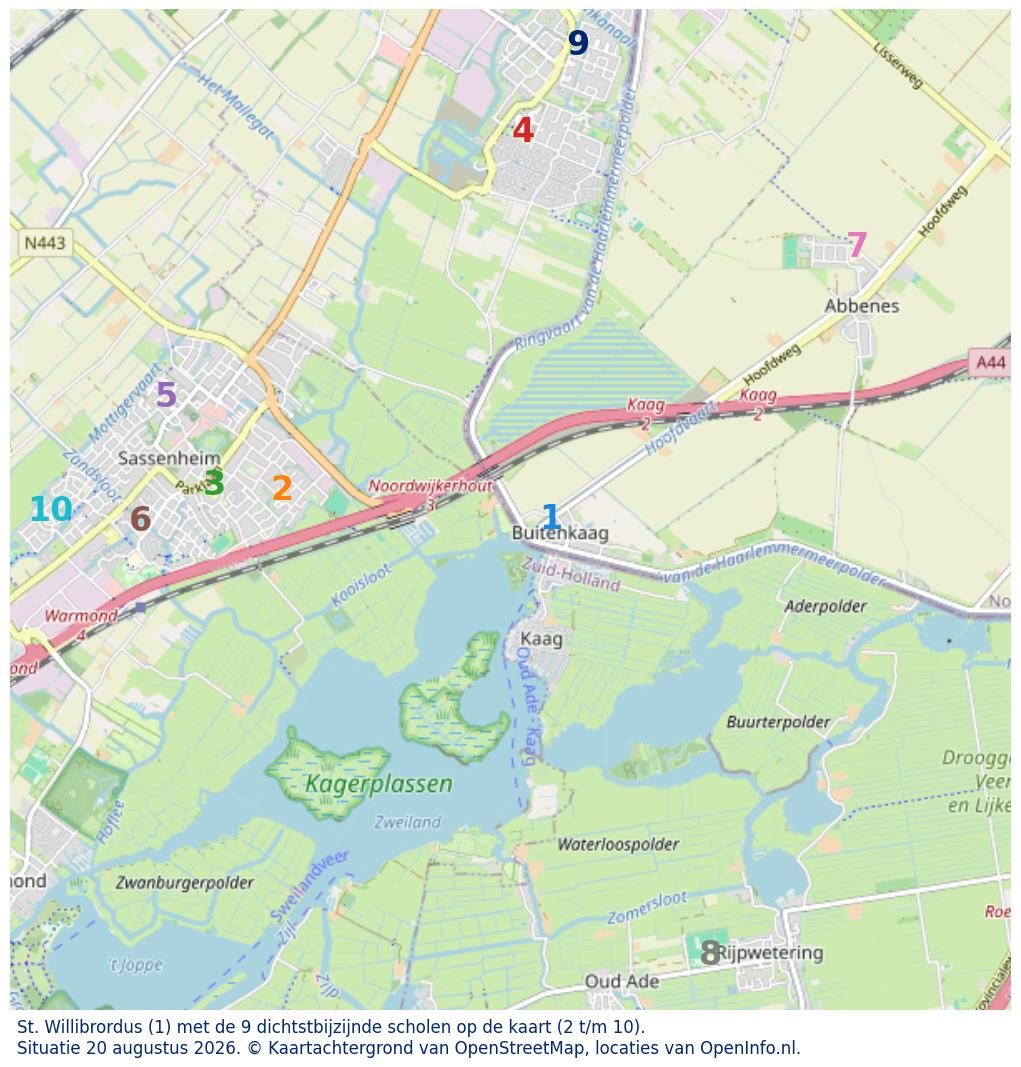 Kaart van de school met de tien dichtsbijzijnde scholen. Hierbij zijn de scholen genummerd van 1 tot en met 10. Nummer 1 is toegekend aan de schoolvestiging zelf: St. Willibrordus.