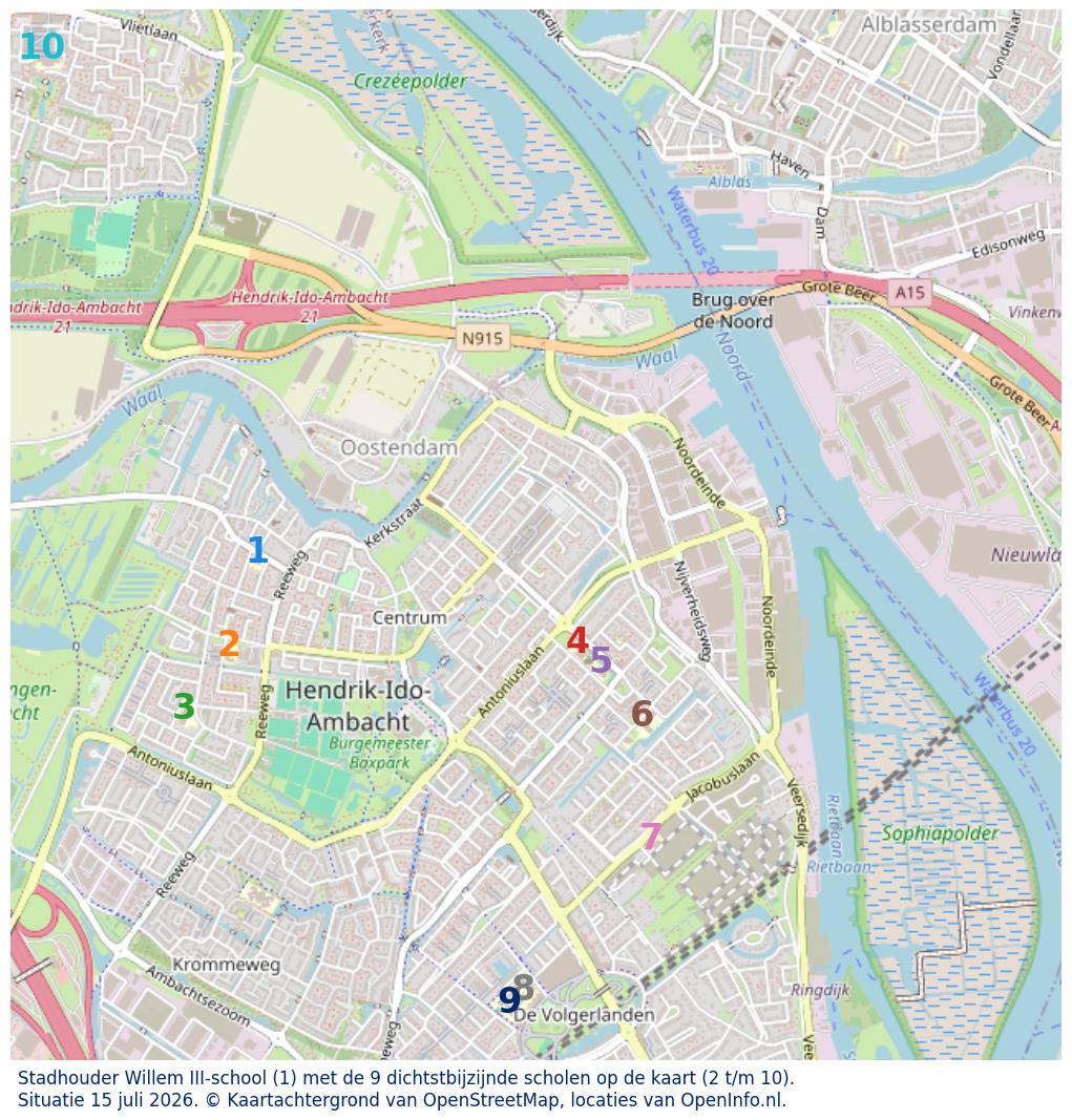Kaart van de school met de tien dichtsbijzijnde scholen. Hierbij zijn de scholen genummerd van 1 tot en met 10. Nummer 1 is toegekend aan de schoolvestiging zelf: Stadhouder Willem III-school.