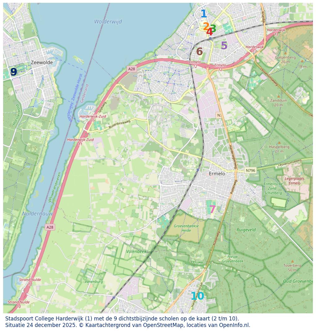 Kaart van de school met de tien dichtsbijzijnde scholen. Hierbij zijn de scholen genummerd van 1 tot en met 10. Nummer 1 is toegekend aan de schoolvestiging zelf: Stadspoort College Harderwijk.