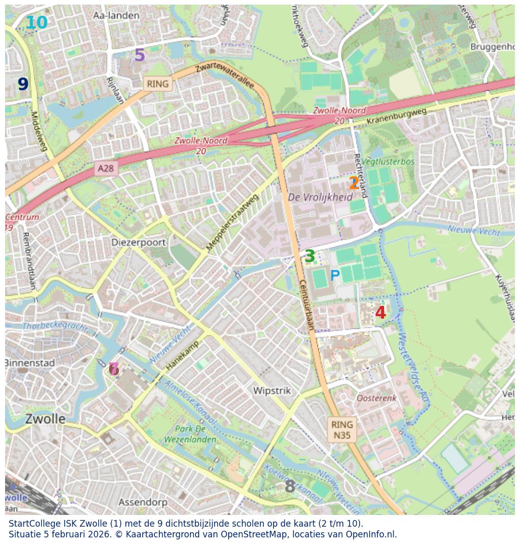 Kaart van de school met de tien dichtsbijzijnde scholen. Hierbij zijn de scholen genummerd van 1 tot en met 10. Nummer 1 is toegekend aan de schoolvestiging zelf: StartCollege ISK Zwolle.