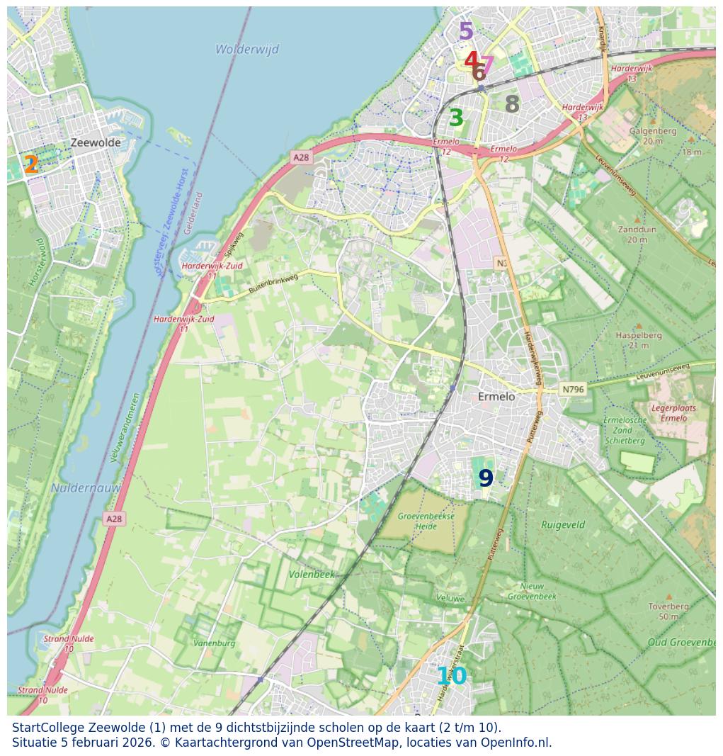 Kaart van de school met de tien dichtsbijzijnde scholen. Hierbij zijn de scholen genummerd van 1 tot en met 10. Nummer 1 is toegekend aan de schoolvestiging zelf: StartCollege Zeewolde.
