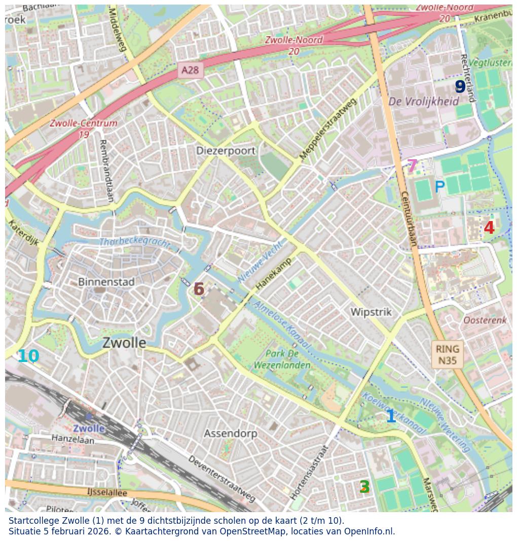Kaart van de school met de tien dichtsbijzijnde scholen. Hierbij zijn de scholen genummerd van 1 tot en met 10. Nummer 1 is toegekend aan de schoolvestiging zelf: Startcollege Zwolle.