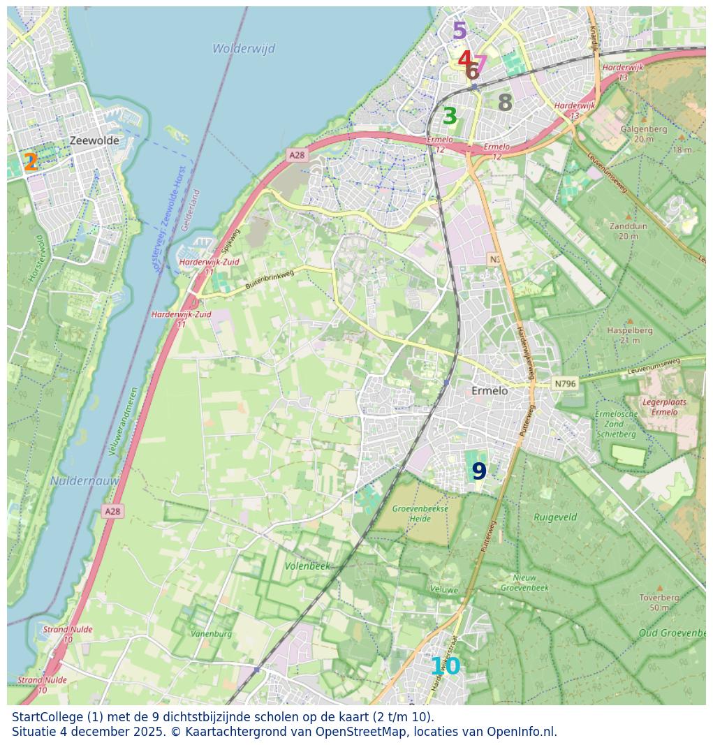 Kaart van de school met de tien dichtsbijzijnde scholen. Hierbij zijn de scholen genummerd van 1 tot en met 10. Nummer 1 is toegekend aan de schoolvestiging zelf: StartCollege.