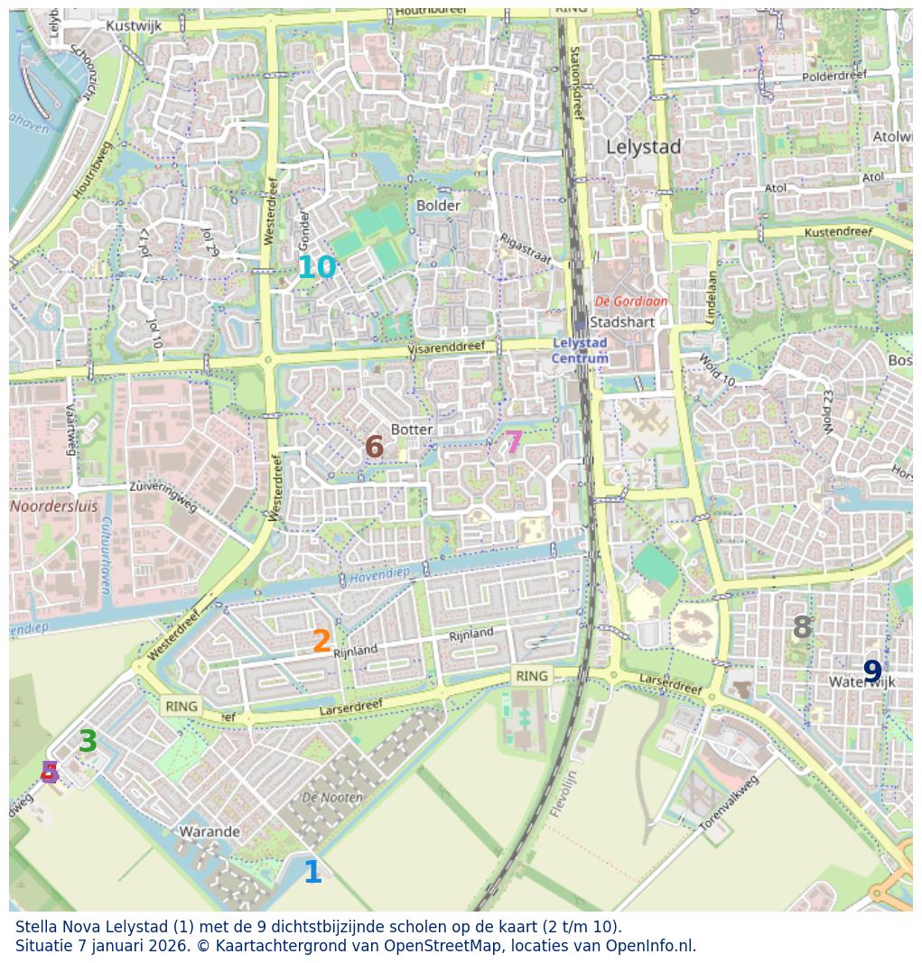 Kaart van de school met de tien dichtsbijzijnde scholen. Hierbij zijn de scholen genummerd van 1 tot en met 10. Nummer 1 is toegekend aan de schoolvestiging zelf: Stella Nova Lelystad.
