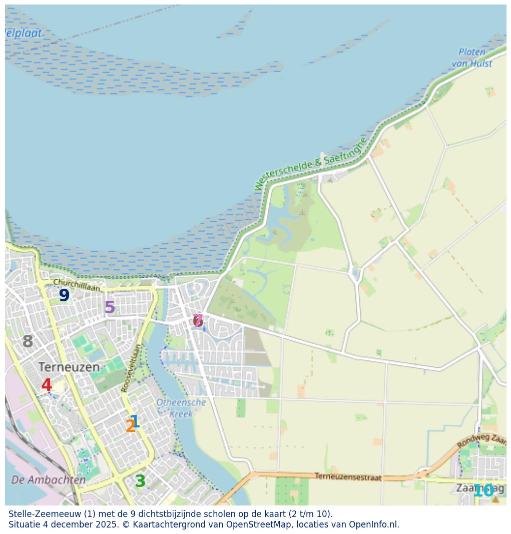 Kaart van de school met de tien dichtsbijzijnde scholen. Hierbij zijn de scholen genummerd van 1 tot en met 10. Nummer 1 is toegekend aan de schoolvestiging zelf: Stelle-Zeemeeuw.