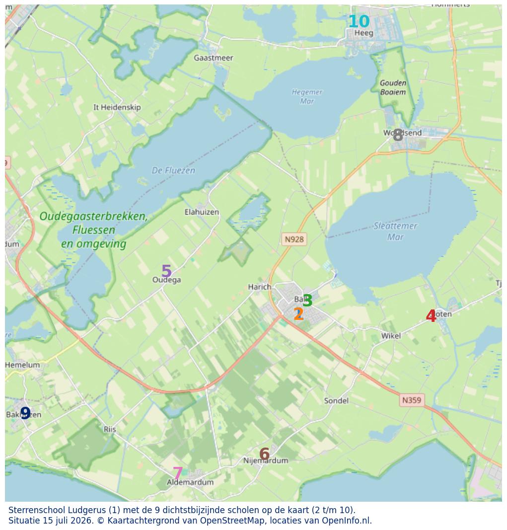 Kaart van de school met de tien dichtsbijzijnde scholen. Hierbij zijn de scholen genummerd van 1 tot en met 10. Nummer 1 is toegekend aan de schoolvestiging zelf: Sterrenschool Ludgerus.