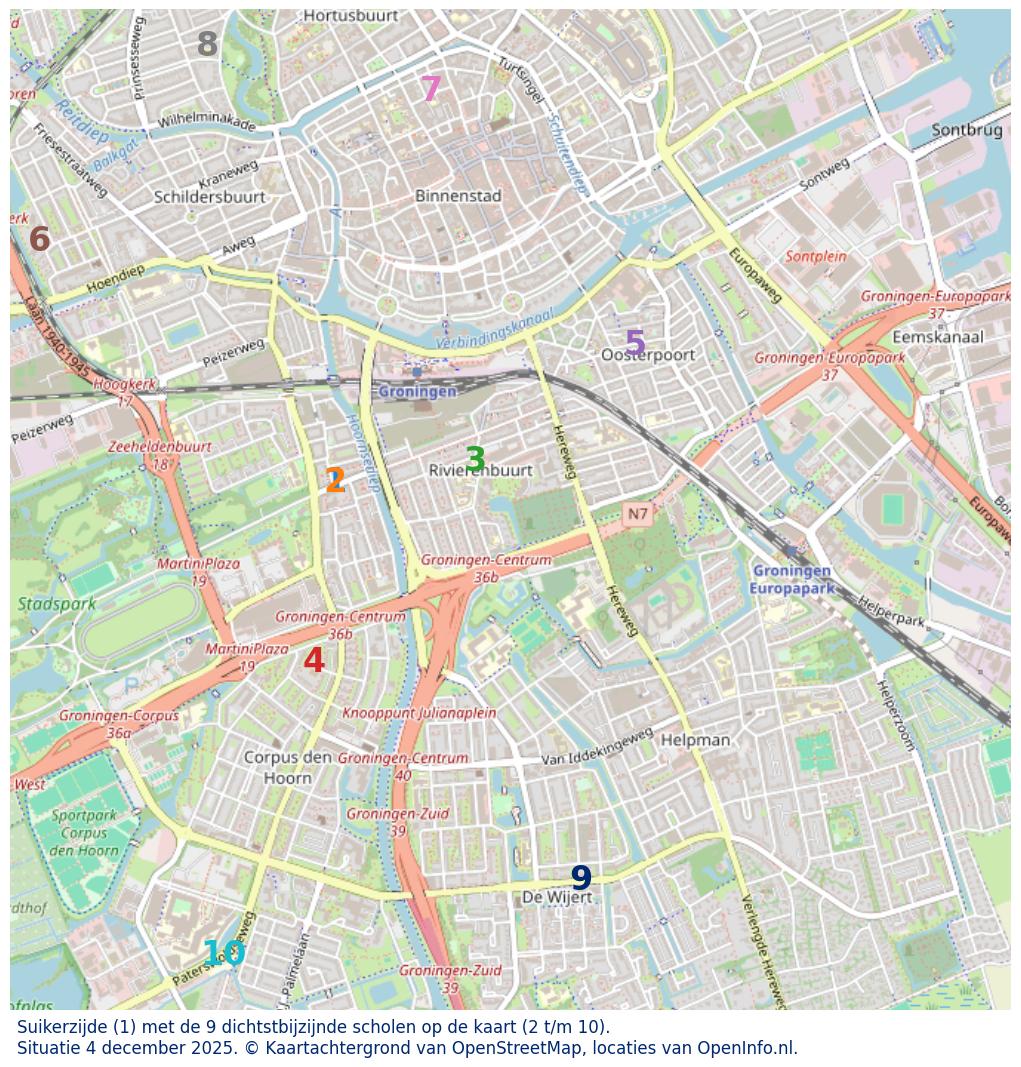 Kaart van de school met de tien dichtsbijzijnde scholen. Hierbij zijn de scholen genummerd van 1 tot en met 10. Nummer 1 is toegekend aan de schoolvestiging zelf: Suikerzijde.