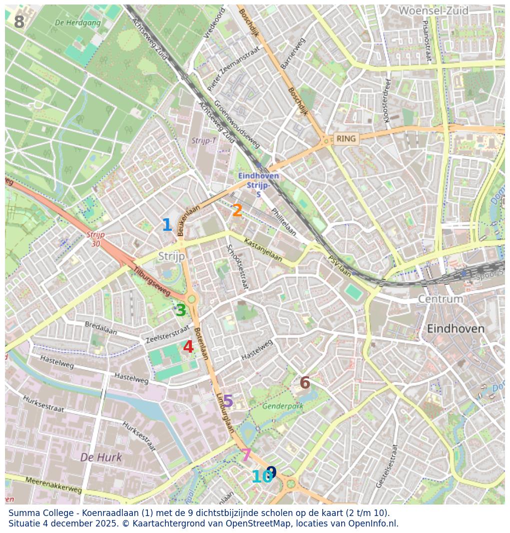 Kaart van de school met de tien dichtsbijzijnde scholen. Hierbij zijn de scholen genummerd van 1 tot en met 10. Nummer 1 is toegekend aan de schoolvestiging zelf: Summa College - Koenraadlaan.