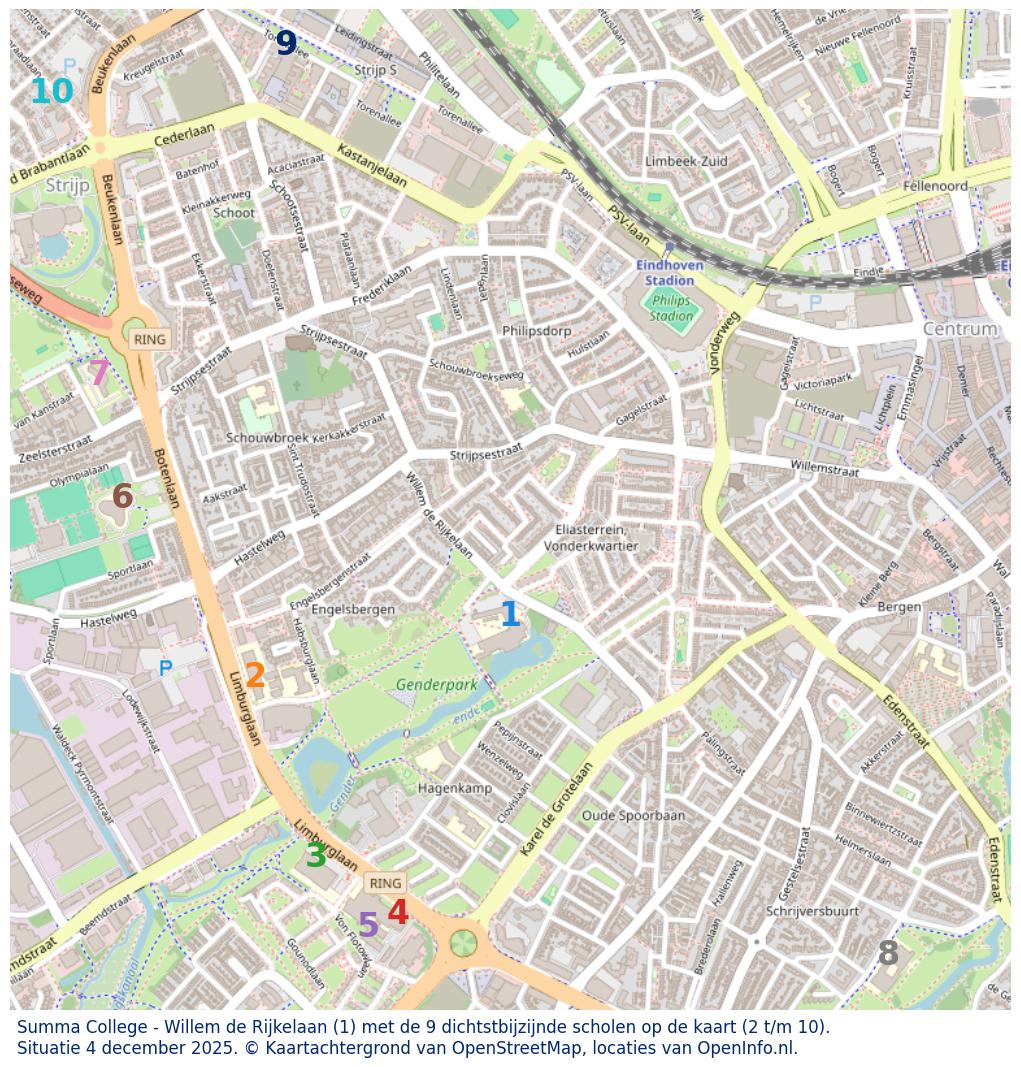 Kaart van de school met de tien dichtsbijzijnde scholen. Hierbij zijn de scholen genummerd van 1 tot en met 10. Nummer 1 is toegekend aan de schoolvestiging zelf: Summa College - Willem de Rijkelaan.