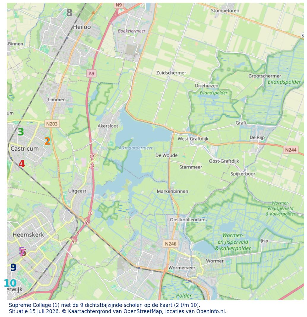 Kaart van de school met de tien dichtsbijzijnde scholen. Hierbij zijn de scholen genummerd van 1 tot en met 10. Nummer 1 is toegekend aan de schoolvestiging zelf: Supreme College.