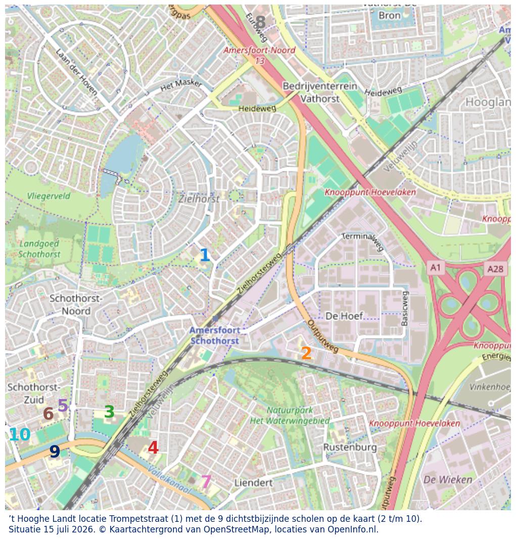 Kaart van de school met de tien dichtsbijzijnde scholen. Hierbij zijn de scholen genummerd van 1 tot en met 10. Nummer 1 is toegekend aan de schoolvestiging zelf: ’t Hooghe Landt locatie Trompetstraat.