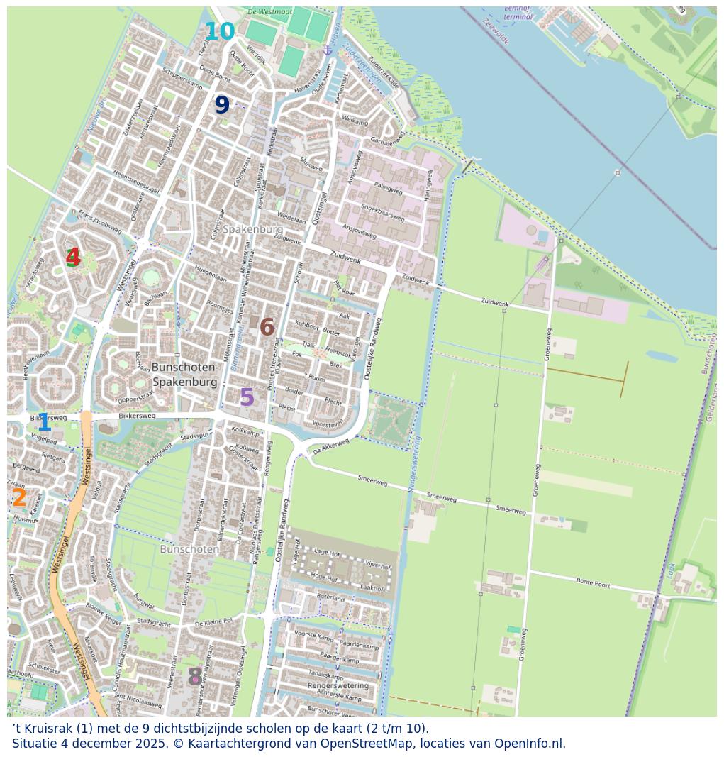 Kaart van de school met de tien dichtsbijzijnde scholen. Hierbij zijn de scholen genummerd van 1 tot en met 10. Nummer 1 is toegekend aan de schoolvestiging zelf: ’t Kruisrak.