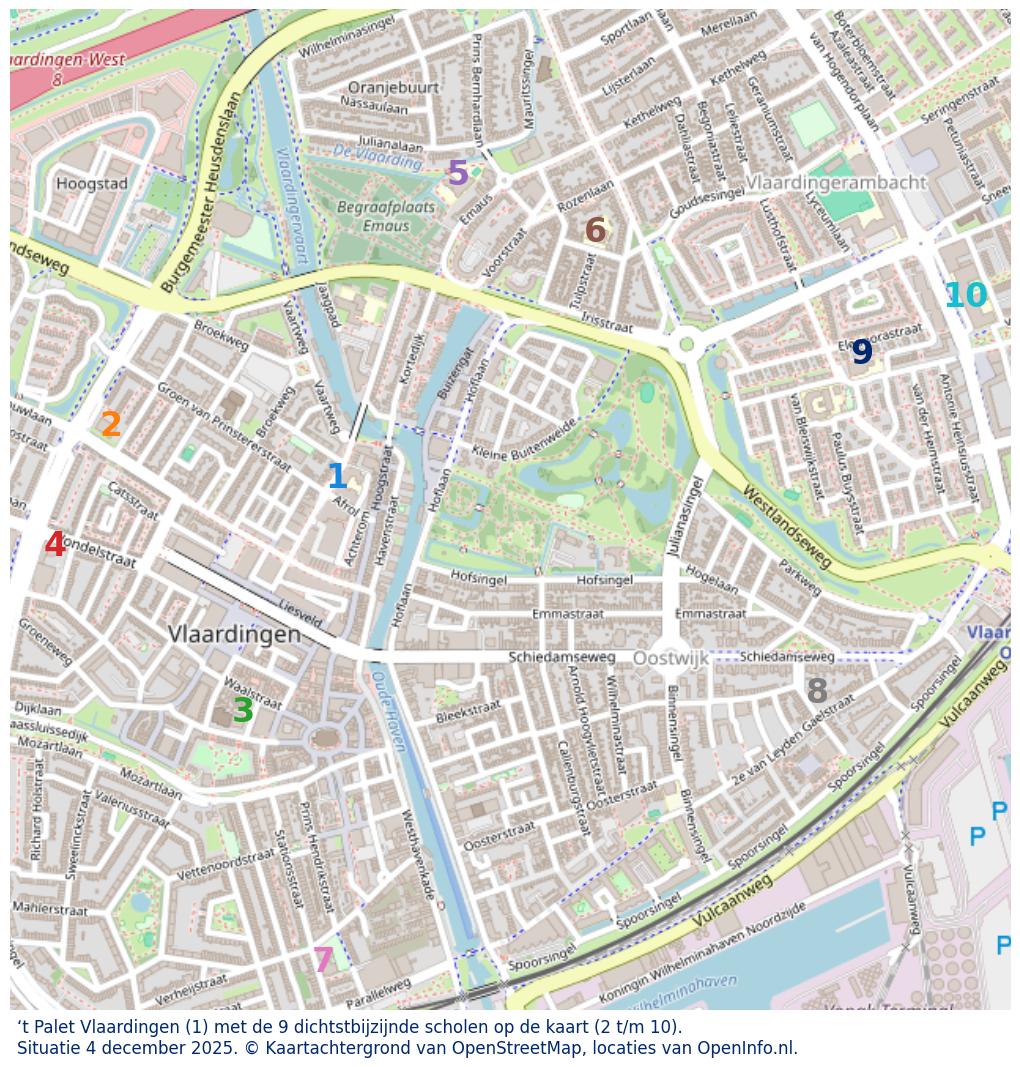 Kaart van de school met de tien dichtsbijzijnde scholen. Hierbij zijn de scholen genummerd van 1 tot en met 10. Nummer 1 is toegekend aan de schoolvestiging zelf: ‘t Palet Vlaardingen.