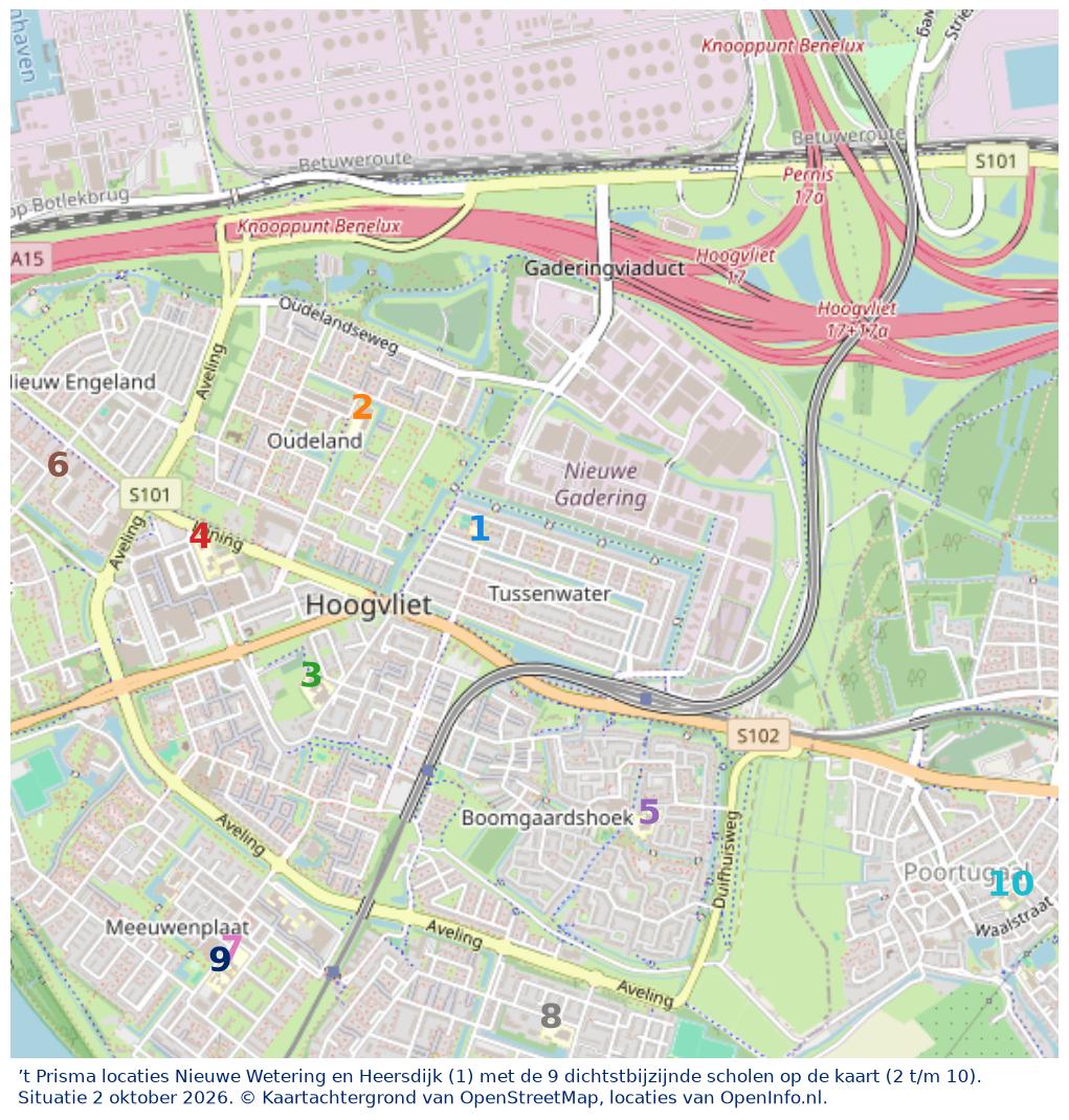 Kaart van de school met de tien dichtstbijzijnde scholen. Hierbij zijn de scholen genummerd van 1 tot en met 10. Nummer 1 is toegekend aan de schoolvestiging zelf: ’t Prisma locaties Nieuwe Wetering en Heersdijk.
