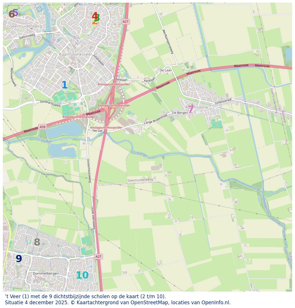 Kaart van de school met de tien dichtsbijzijnde scholen. Hierbij zijn de scholen genummerd van 1 tot en met 10. Nummer 1 is toegekend aan de schoolvestiging zelf: ’t Veer.