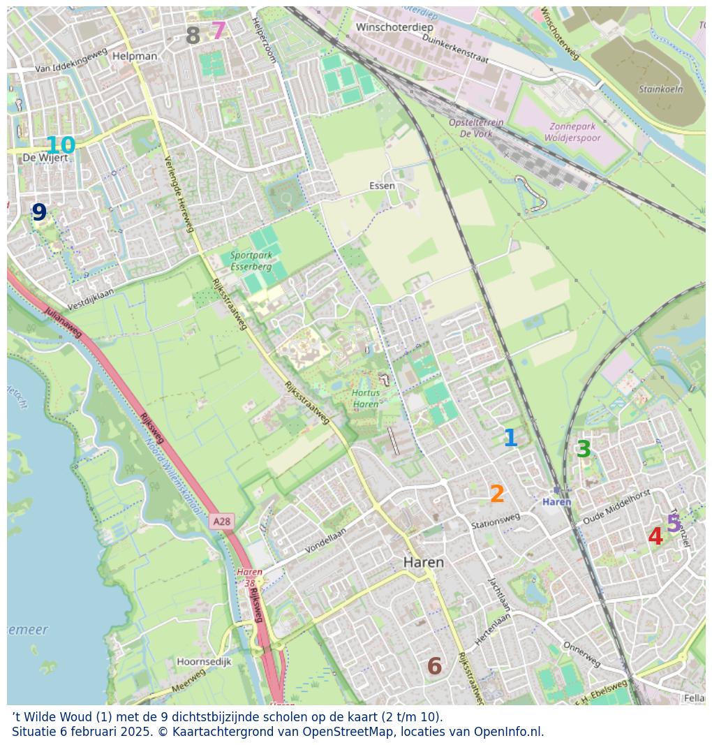 Kaart van de school met de tien dichtsbijzijnde scholen. Hierbij zijn de scholen genummerd van 1 tot en met 10. Nummer 1 is toegekend aan de schoolvestiging zelf: ’t Wilde Woud.