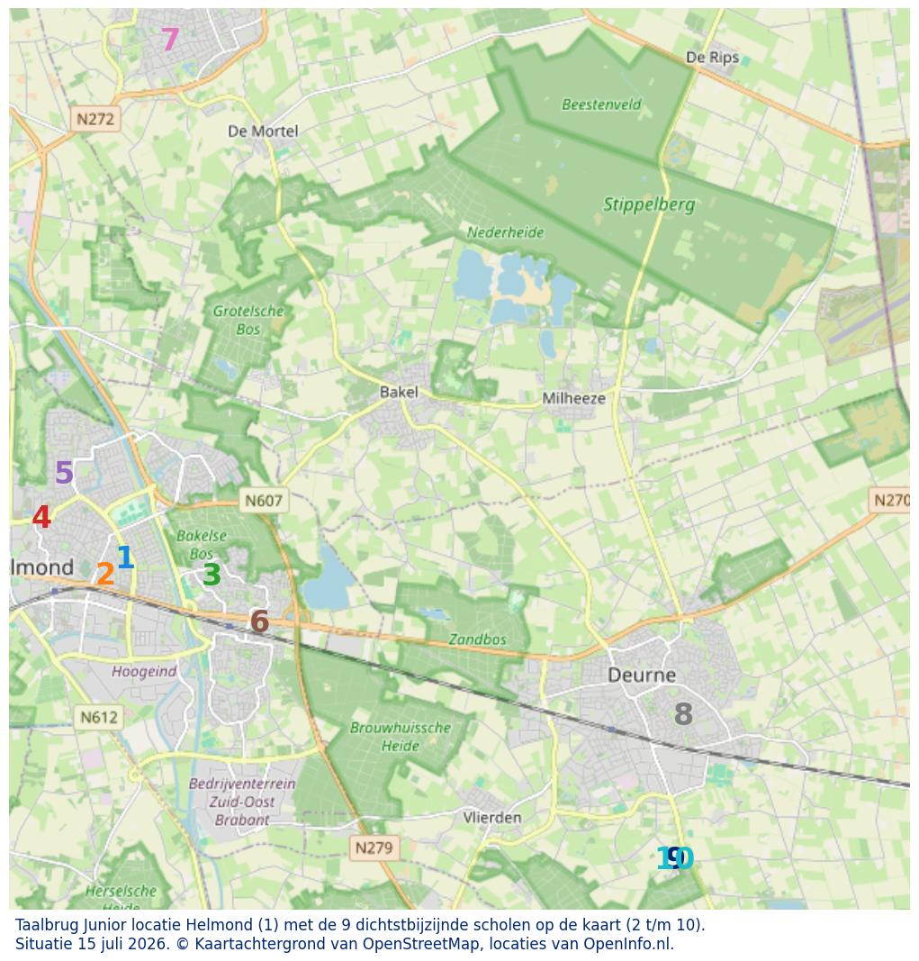 Kaart van de school met de tien dichtsbijzijnde scholen. Hierbij zijn de scholen genummerd van 1 tot en met 10. Nummer 1 is toegekend aan de schoolvestiging zelf: Taalbrug Junior locatie Helmond.