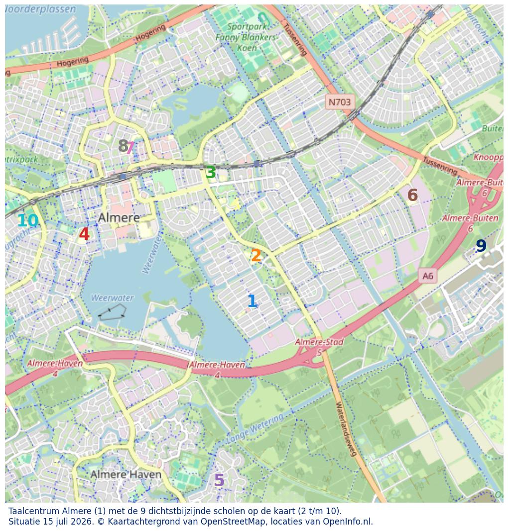 Kaart van de school met de tien dichtsbijzijnde scholen. Hierbij zijn de scholen genummerd van 1 tot en met 10. Nummer 1 is toegekend aan de schoolvestiging zelf: Taalcentrum Almere.