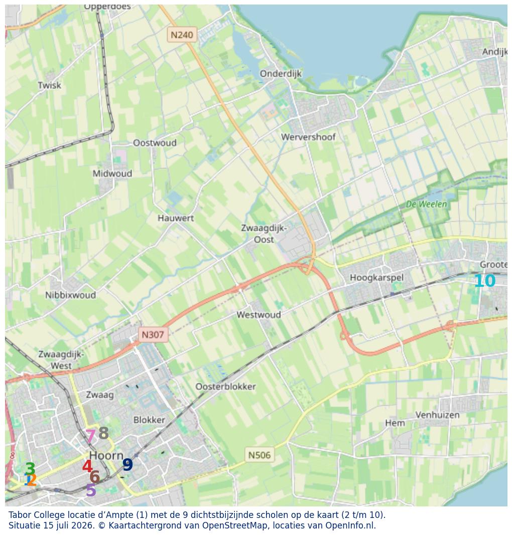 Kaart van de school met de tien dichtsbijzijnde scholen. Hierbij zijn de scholen genummerd van 1 tot en met 10. Nummer 1 is toegekend aan de schoolvestiging zelf: Tabor College locatie d’Ampte.