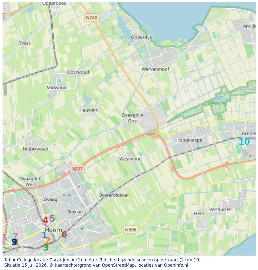 Kaart van de school met de tien dichtsbijzijnde scholen. Hierbij zijn de scholen genummerd van 1 tot en met 10. Nummer 1 is toegekend aan de schoolvestiging zelf: Tabor College locatie Oscar Junior.