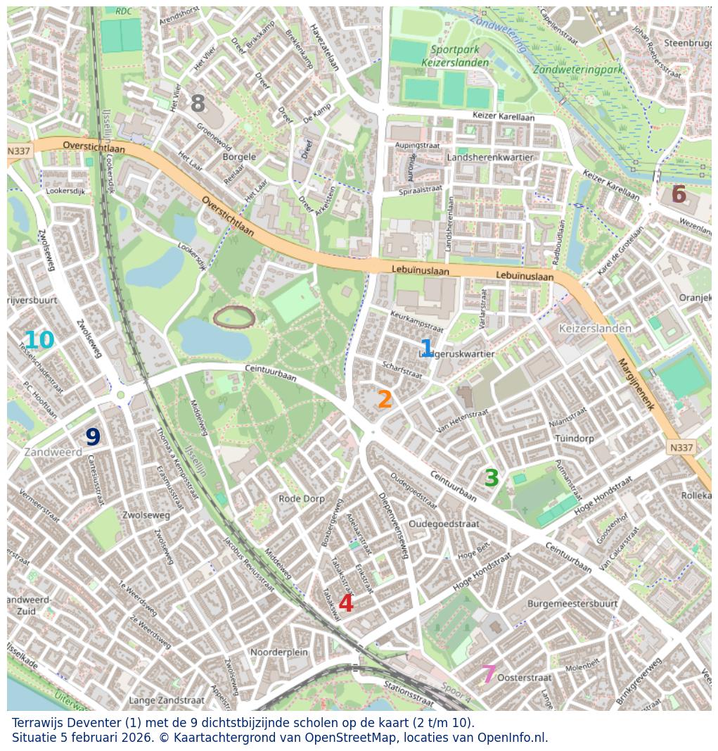 Kaart van de school met de tien dichtsbijzijnde scholen. Hierbij zijn de scholen genummerd van 1 tot en met 10. Nummer 1 is toegekend aan de schoolvestiging zelf: Terrawijs Deventer.