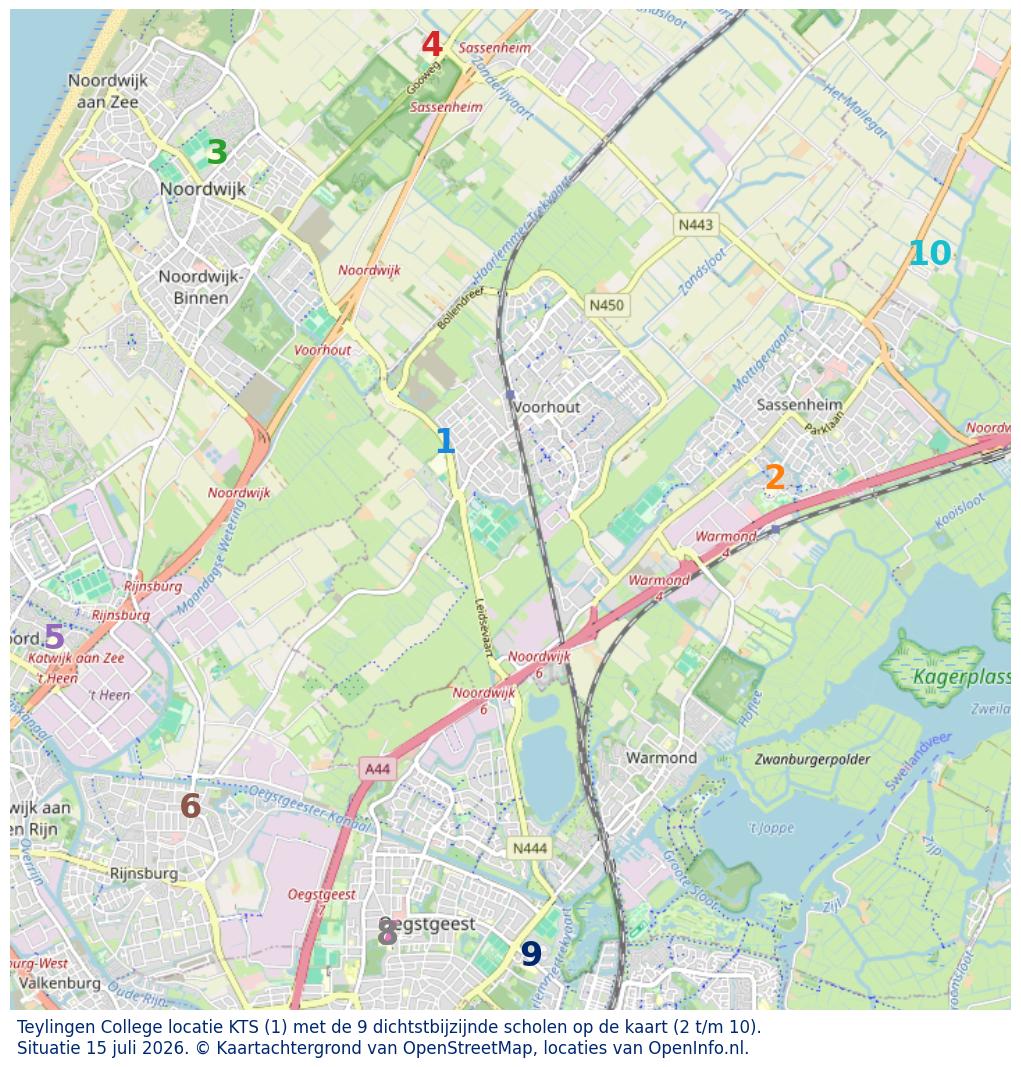 Kaart van de school met de tien dichtsbijzijnde scholen. Hierbij zijn de scholen genummerd van 1 tot en met 10. Nummer 1 is toegekend aan de schoolvestiging zelf: Teylingen College locatie KTS.