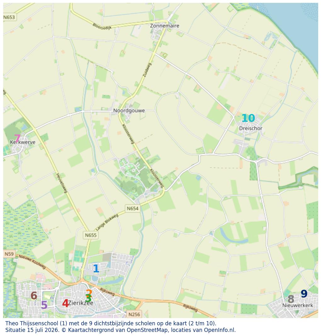 Kaart van de school met de tien dichtsbijzijnde scholen. Hierbij zijn de scholen genummerd van 1 tot en met 10. Nummer 1 is toegekend aan de schoolvestiging zelf: Theo Thijssenschool.