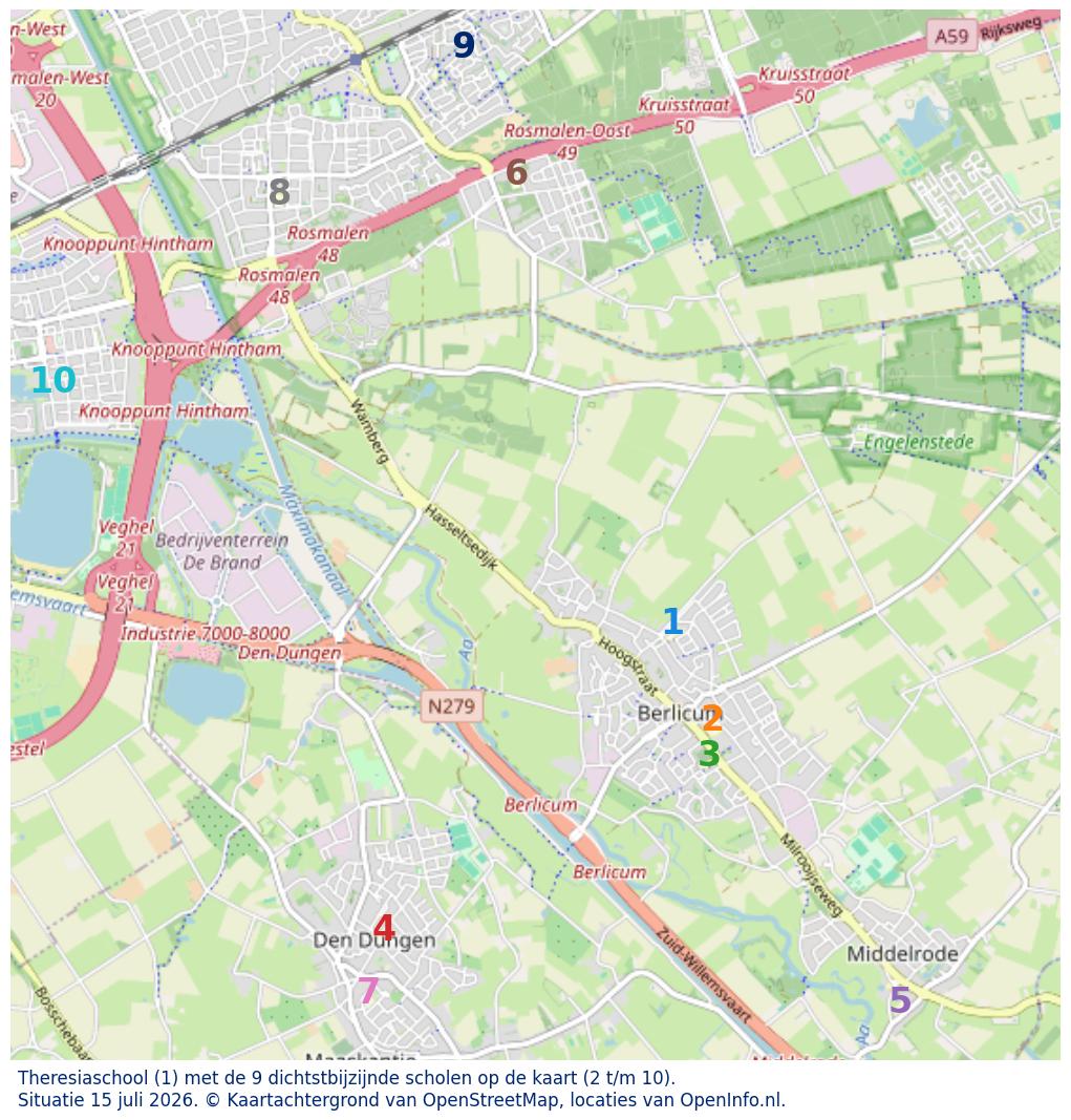 Kaart van de school met de tien dichtsbijzijnde scholen. Hierbij zijn de scholen genummerd van 1 tot en met 10. Nummer 1 is toegekend aan de schoolvestiging zelf: Theresiaschool.