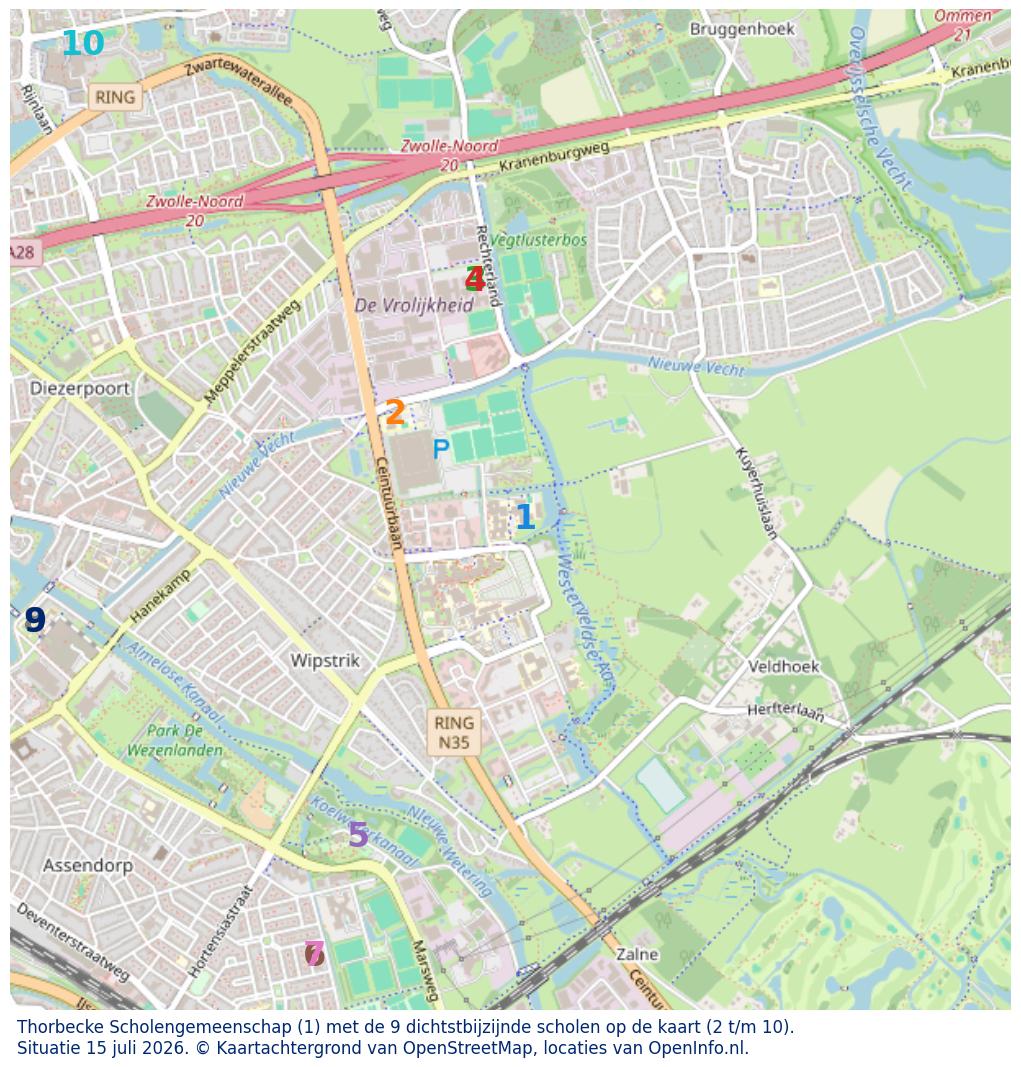 Kaart van de school met de tien dichtsbijzijnde scholen. Hierbij zijn de scholen genummerd van 1 tot en met 10. Nummer 1 is toegekend aan de schoolvestiging zelf: Thorbecke Scholengemeenschap.
