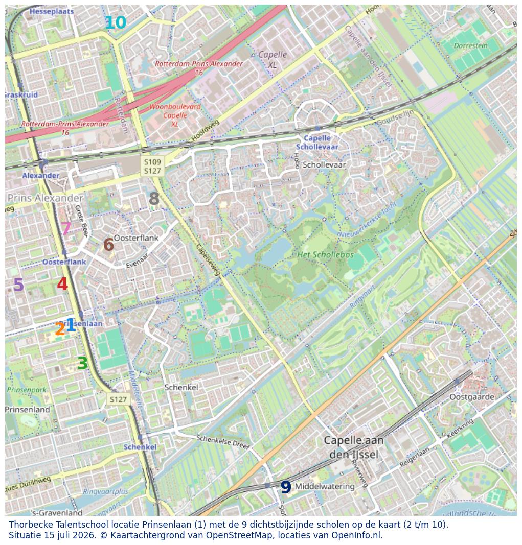 Kaart van de school met de tien dichtsbijzijnde scholen. Hierbij zijn de scholen genummerd van 1 tot en met 10. Nummer 1 is toegekend aan de schoolvestiging zelf: Thorbecke Talentschool locatie Prinsenlaan.