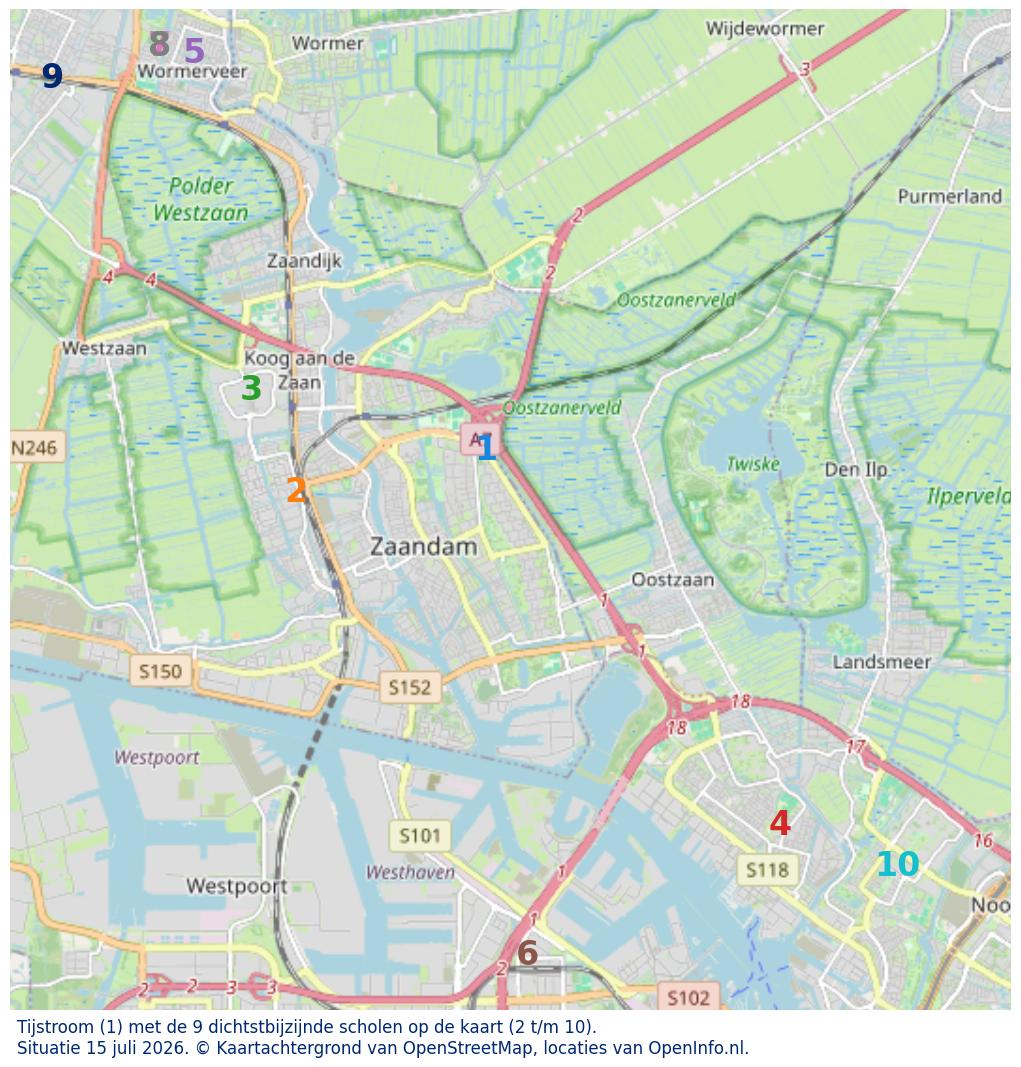 Kaart van de school met de tien dichtsbijzijnde scholen. Hierbij zijn de scholen genummerd van 1 tot en met 10. Nummer 1 is toegekend aan de schoolvestiging zelf: Tijstroom.