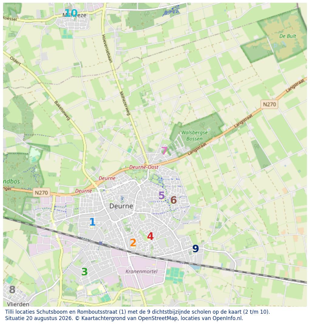 Kaart van de school met de tien dichtstbijzijnde scholen. Hierbij zijn de scholen genummerd van 1 tot en met 10. Nummer 1 is toegekend aan de schoolvestiging zelf: Tilli locaties Schutsboom en Romboutsstraat.