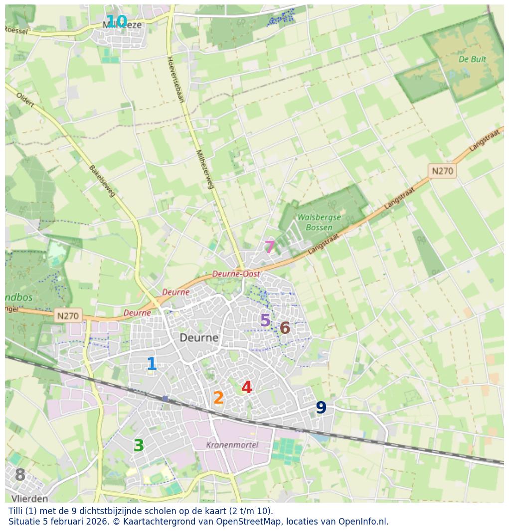 Kaart van de school met de tien dichtsbijzijnde scholen. Hierbij zijn de scholen genummerd van 1 tot en met 10. Nummer 1 is toegekend aan de schoolvestiging zelf: Tilli.
