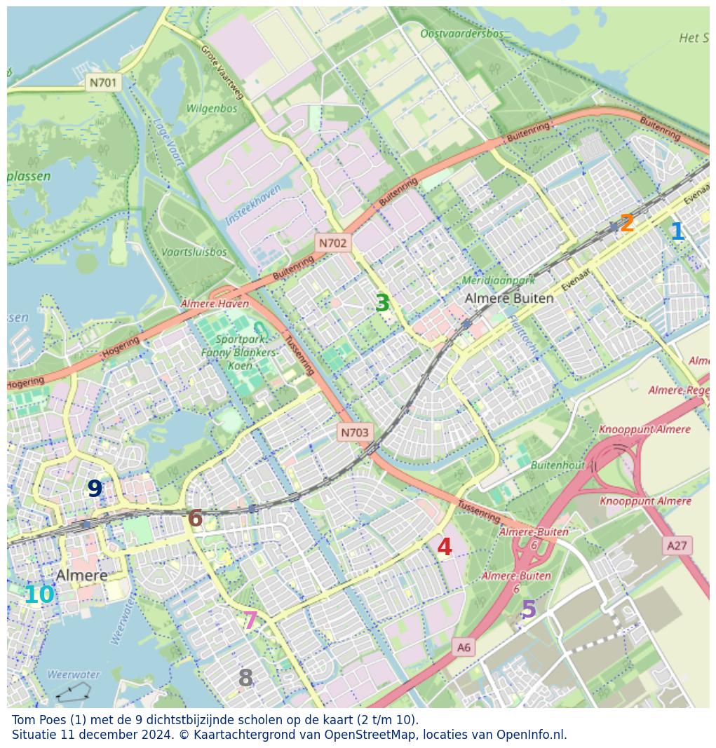 Kaart van de school met de tien dichtsbijzijnde scholen. Hierbij zijn de scholen genummerd van 1 tot en met 10. Nummer 1 is toegekend aan de schoolvestiging zelf: Tom Poes.