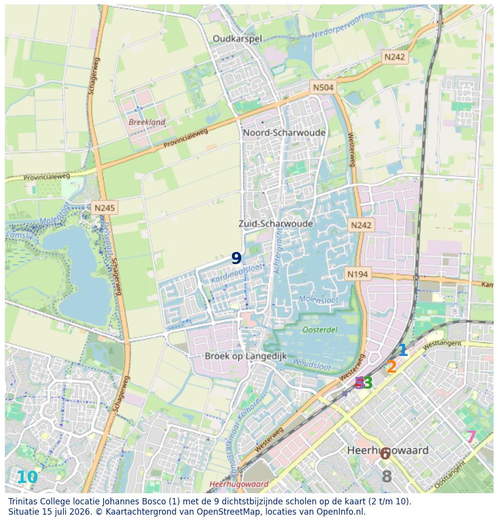 Kaart van de school met de tien dichtsbijzijnde scholen. Hierbij zijn de scholen genummerd van 1 tot en met 10. Nummer 1 is toegekend aan de schoolvestiging zelf: Trinitas College locatie Johannes Bosco.