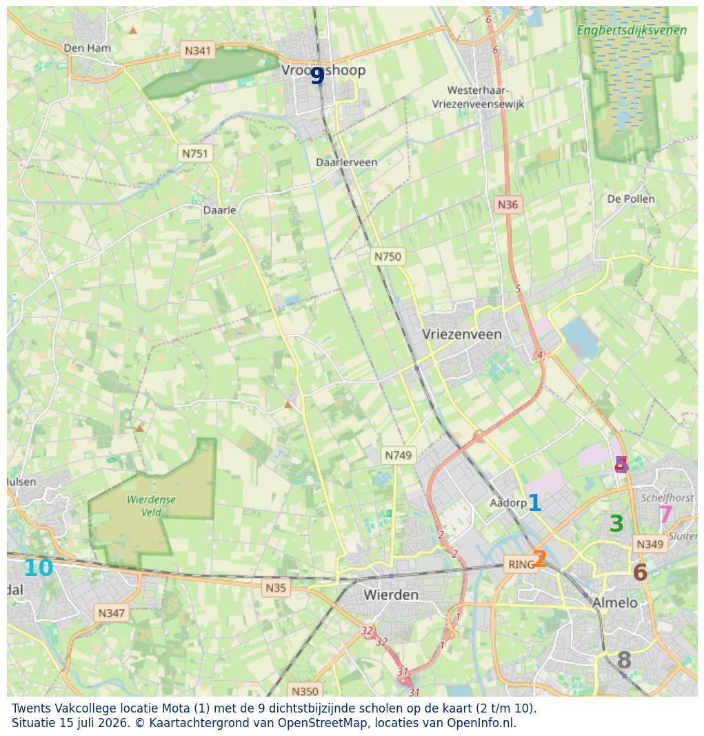 Kaart van de school met de tien dichtsbijzijnde scholen. Hierbij zijn de scholen genummerd van 1 tot en met 10. Nummer 1 is toegekend aan de schoolvestiging zelf: Twents Vakcollege locatie Mota.