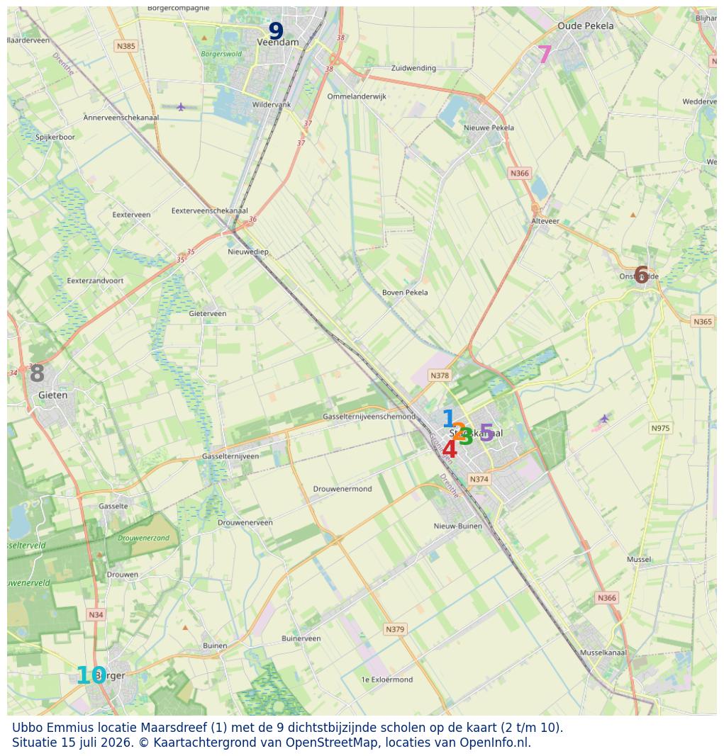 Kaart van de school met de tien dichtsbijzijnde scholen. Hierbij zijn de scholen genummerd van 1 tot en met 10. Nummer 1 is toegekend aan de schoolvestiging zelf: Ubbo Emmius locatie Maarsdreef.
