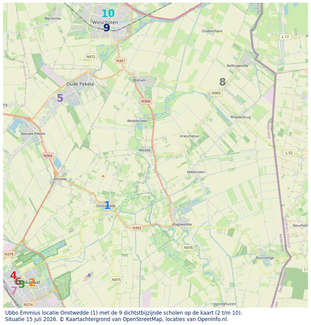 Kaart van de school met de tien dichtsbijzijnde scholen. Hierbij zijn de scholen genummerd van 1 tot en met 10. Nummer 1 is toegekend aan de schoolvestiging zelf: Ubbo Emmius locatie Onstwedde.