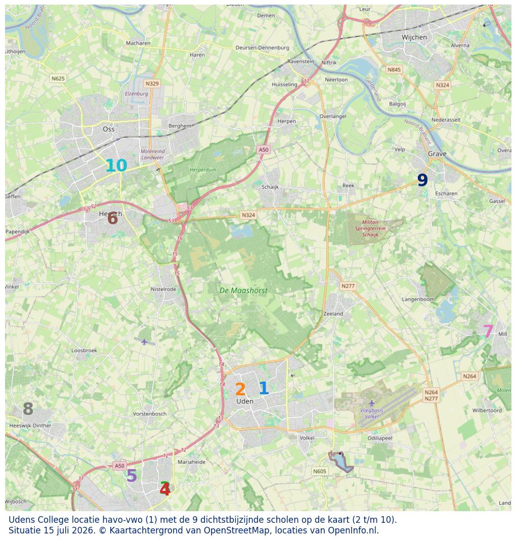 Kaart van de school met de tien dichtsbijzijnde scholen. Hierbij zijn de scholen genummerd van 1 tot en met 10. Nummer 1 is toegekend aan de schoolvestiging zelf: Udens College locatie havo-vwo.