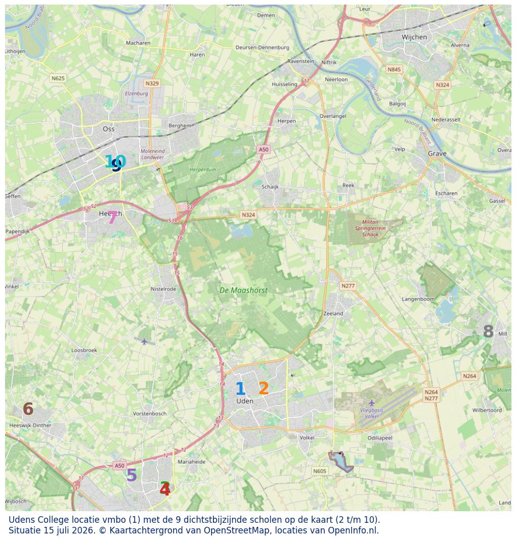 Kaart van de school met de tien dichtsbijzijnde scholen. Hierbij zijn de scholen genummerd van 1 tot en met 10. Nummer 1 is toegekend aan de schoolvestiging zelf: Udens College locatie vmbo.